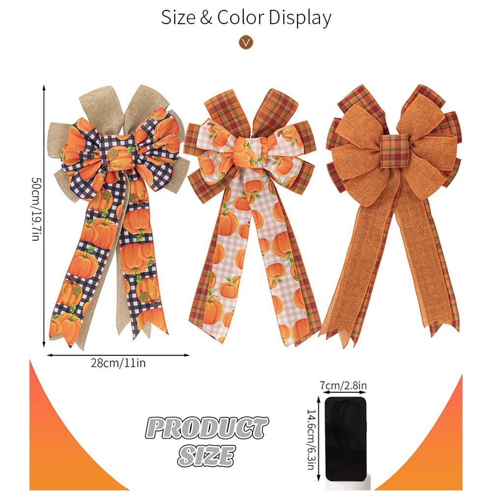 3pcs Large Fall Bows, Pumpkin Plaid Print Bows For Wreaths, 11"x19.7" Thanksgiving Ribbon Bows For Home Indoor Outdoor Decoration Ornament