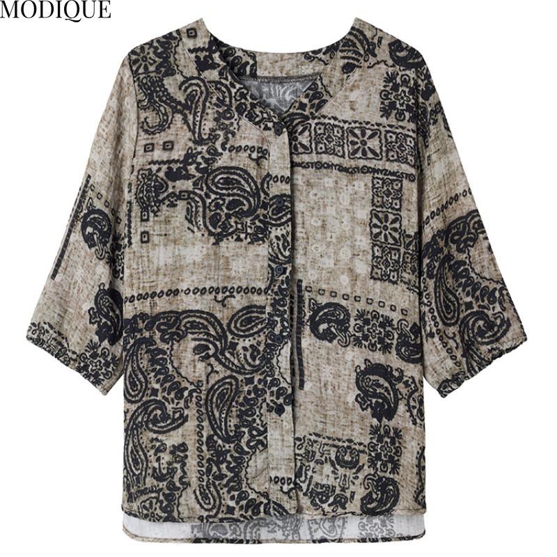 MODIQUE Spring Summer Plus Size New Women Loose Vintage Print Blouse Shirts Female Casual Folk Oversize Short Sleeve V-Neck Top