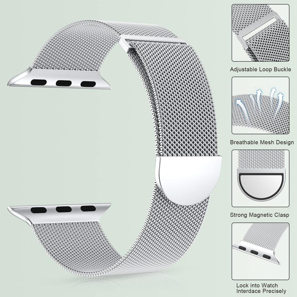 Magnetic Strap for Apple Watch Series 10 9 8 7 SE 6 5 4 3 2 1 42mm 41mm 40mm 38mm Milanese Silver Smart Watch Band