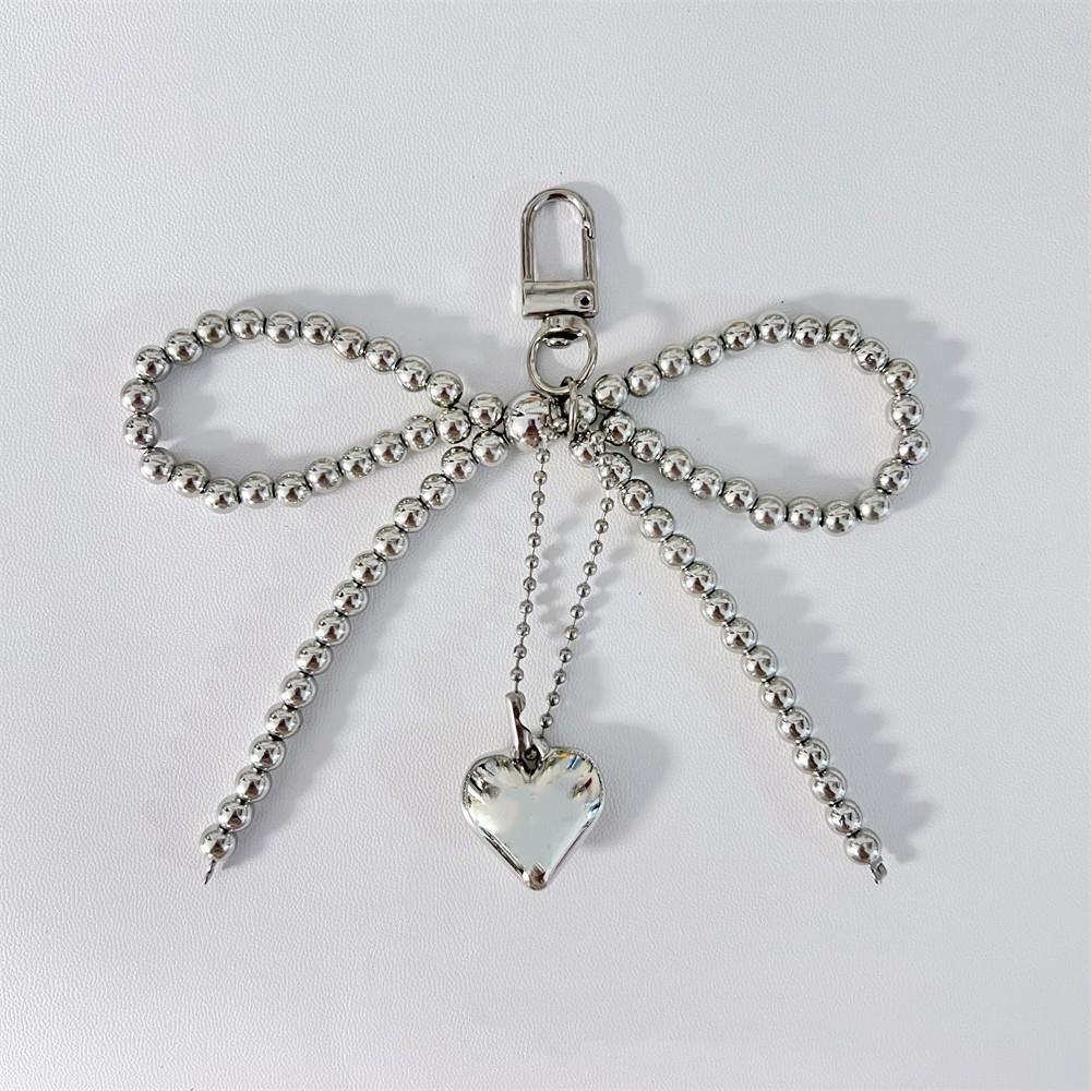Chaveiro Pingente de Bolsa Coração Laço Nó Pérola Branca Decoração Para Bolsas Celulares Carro Acessórios Coreanos