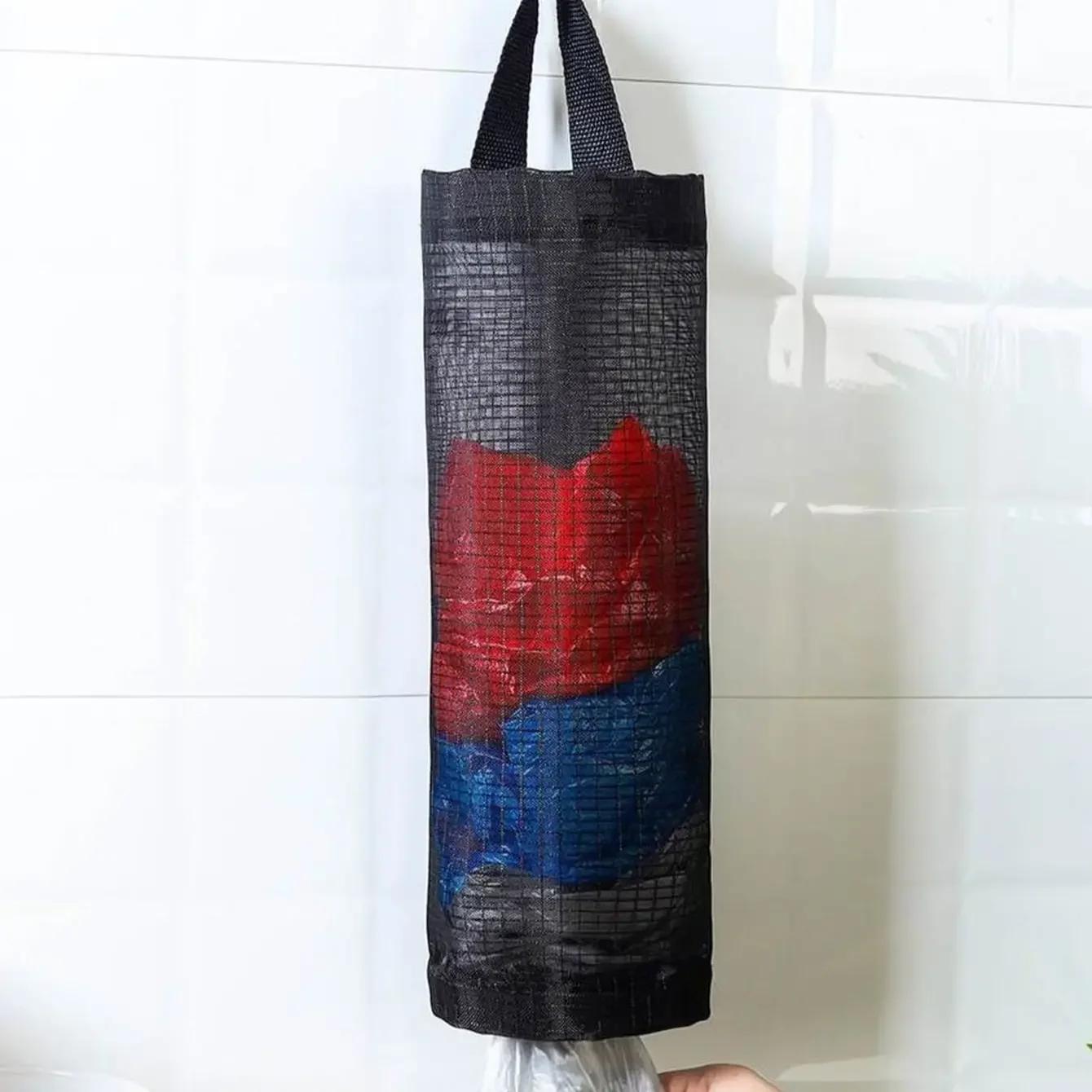 

1/2/3pcs Sundries Bag Storage Wall Mount Mesh Pouch Dispenser Hanging Reused Storage Pouch Trash Bags Kitchen Garbage чорний