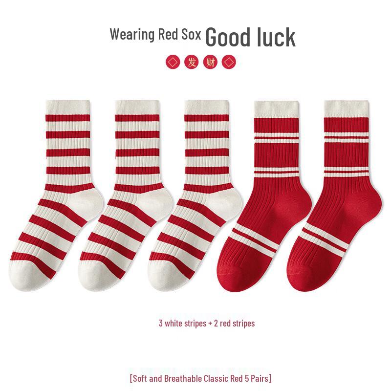 YUZHAOLIN Women s Auspicious Red Striped Mid-Calf Socks (5-Pair Pack) M