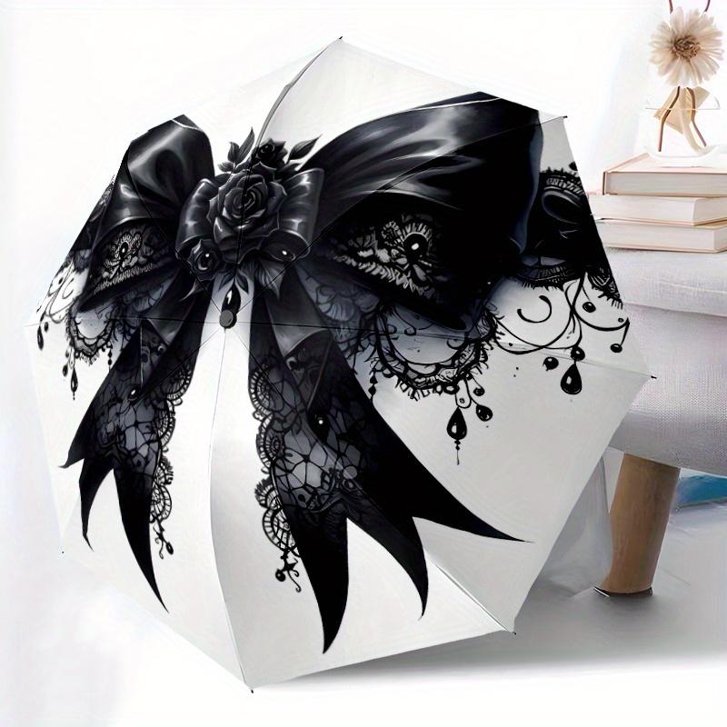 Black Bow Lace Rose Pattern New Umbrella, 1pc Automatic Folding Umbrella, Portable Foldable Design Travel Umbrella, Outdoor Umbrella, Unisex