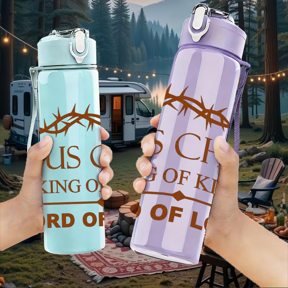 1PC Jesus Christ Crown Thorns Text Graphic,750ml Color Plastic Sports Water Bottle,Leakproof Flip Straw Lid,Suitable for Sports Office Home Use