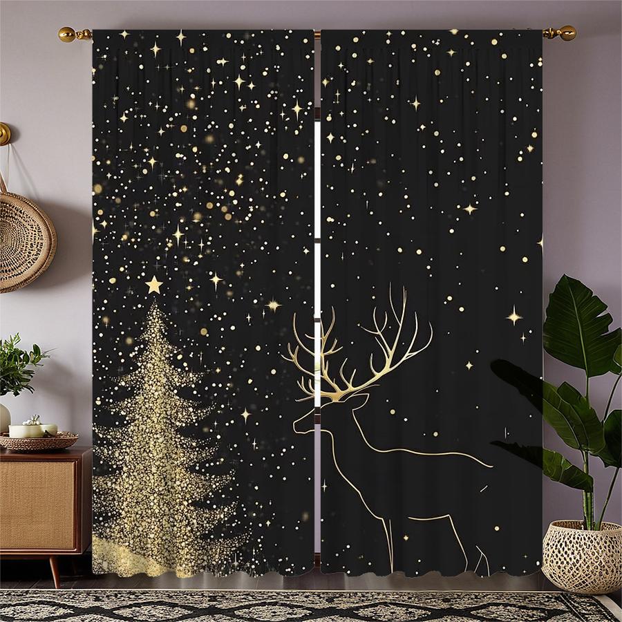 Golden Christmas Tree Elk Print Curtains Pole Bag Decorations Home Room Curtain Polyester