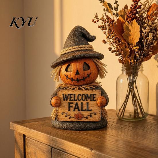 Home Entrance Autumn Decor Fall Scarecrow Figurine, Wooden Pumpkin Statue, Rustic Versatile Festival Soft Furnishings Harvest Tabletop Decoration for