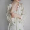 JOJOZ Vintage Tencel Shirt with Apricot Floral Embroidery & Green Leaf Tie-Up Lantern Sleeves - Perfect for Spring/Summer.