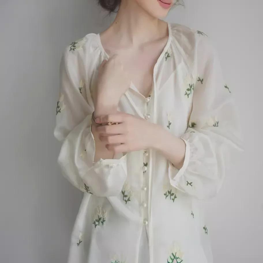 JOJOZ Vintage Tencel Shirt with Apricot Floral Embroidery & Green Leaf Tie-Up Lantern Sleeves - Perfect for Spring/Summer.