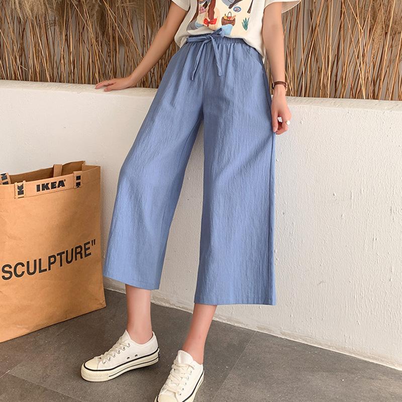 

Spring Summer Women Wide Leg Pants Casual loose ealstic waist wide leg Calf-Length Pants for Female Trousers S небо синє кольору