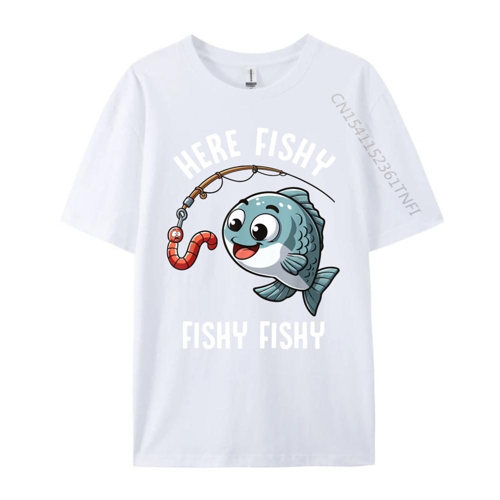 Here Fishy Fishing Funny Worm Cute Fish Fisherman Oversized T Shirt Men Summer Original Mens TShirts Character New Tshirt