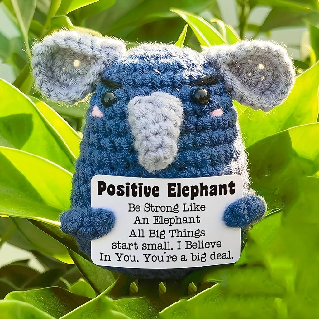 Handmade Crochet Positive Elephant Figurine with Message Card - Cute Knit Elephant Car Dashboard Decor Emotional Support
