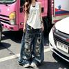Womens American Style Distressed Wide Leg Jeans Retro Letter Print Streetwear Long Pants