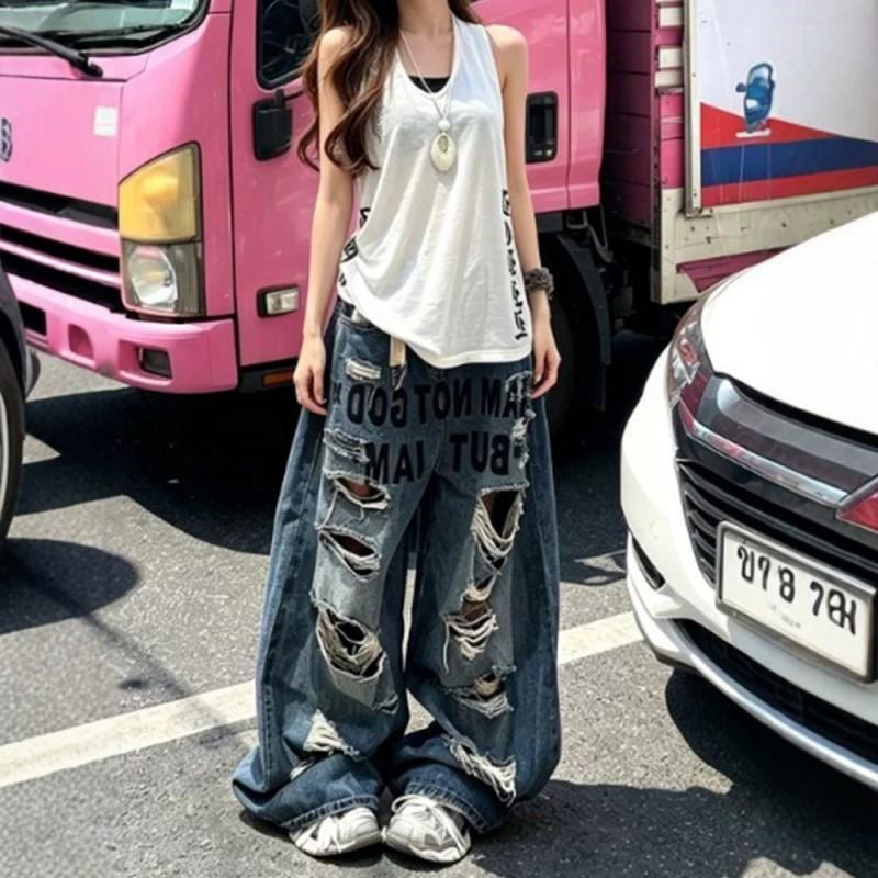 Womens American Style Distressed Wide Leg Jeans Retro Letter Print Streetwear Long Pants
