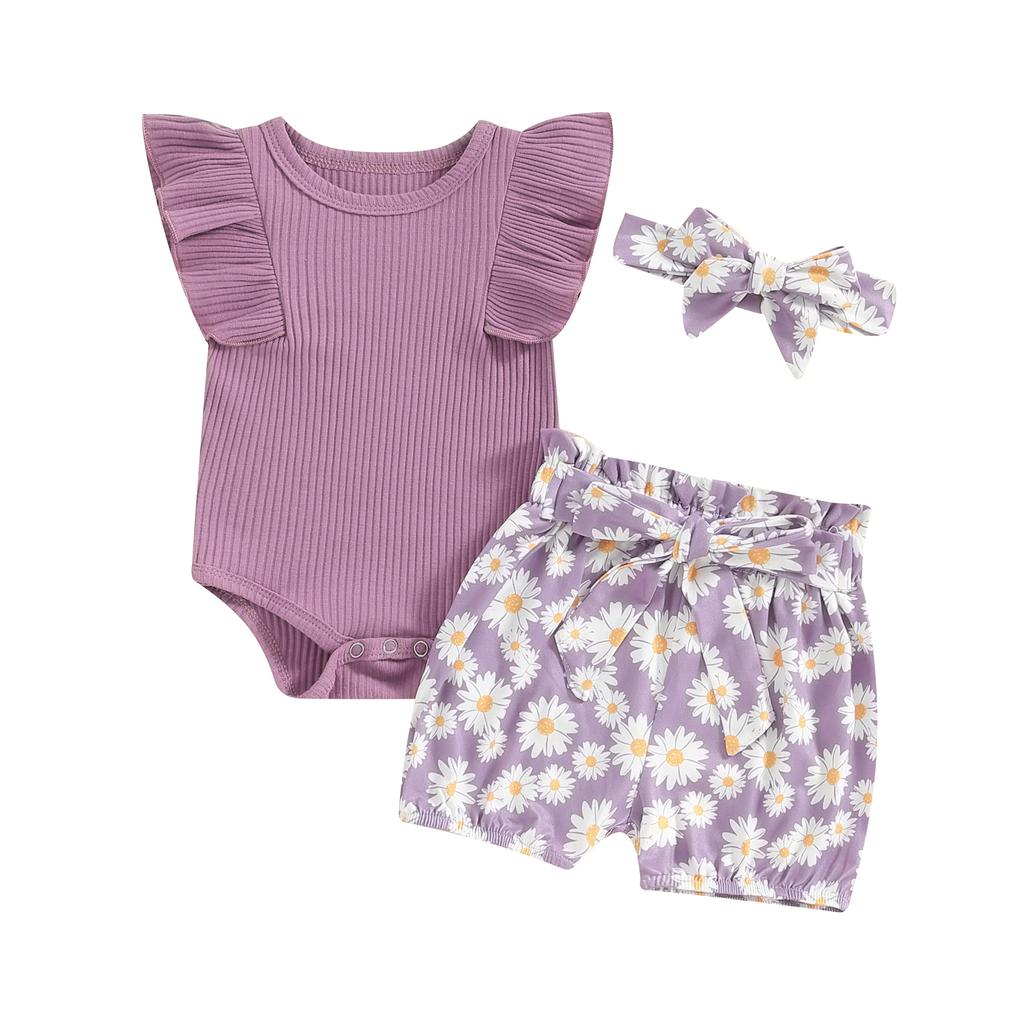 Baby Girls Summer Shorts Sets Short Sleeve Ribbed Romper Daisy Print Shorts Headband Sets