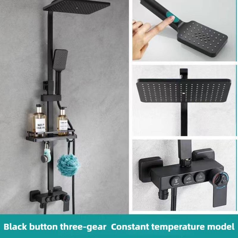 Household Bathroom Thermostatic Rain Shower Black Digital Display Pressurized Shower Head Button Showerhead Set