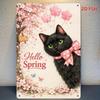 Vintage Spring Cherry Blossom Black Cat Metal Sign Waterproof Rust Resistant Wall Art Garden Decor