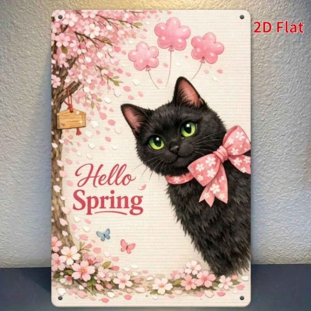 Vintage Spring Cherry Blossom Black Cat Metal Sign Waterproof Rust Resistant Wall Art Garden Decor