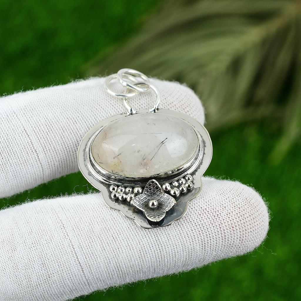 Gift For Her 925 Sterling Silver Natural Black Rutile Gemstone Jewelry Pendant