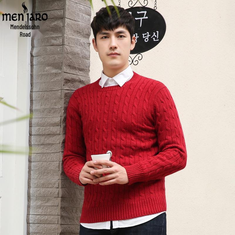 Pánský svetr Menjie Slim Fit s copánkovým vzorem, kulatým výstřihem, jednobarevný, s dlouhým rukávem, jarní/podzimní styl.