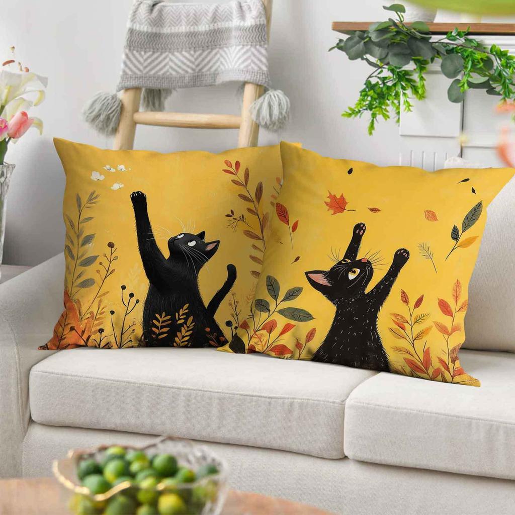 4pcs Black Cat Leaf Pattern Digital Printing Pillow Cover Short Plush Suitable Living Rooms Bedrooms Sofas Throw Cushion Cover