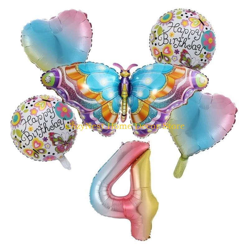 

92MF Colorful Butterfly Balloon Set of 6 Aluminum Foil Number Balloon Happy-Birthday Decorations Baby Shower Party Supplies