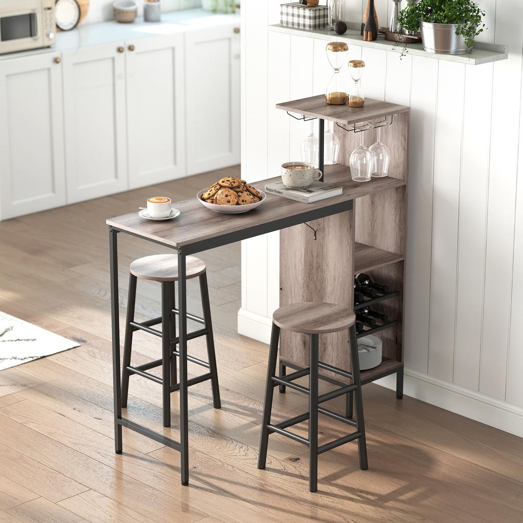 Bar Table and Stool Set, High Dining Table, 2 Bar Stools, Shelves, Wine Racks, Gray