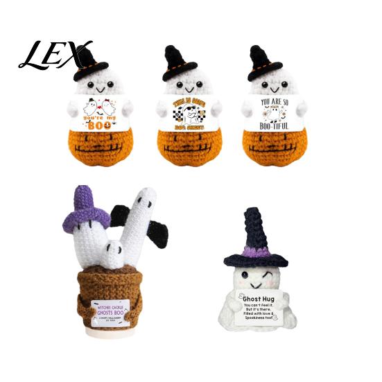 Adorable Holiday Party Favor Hand Knitted Halloween Ghost Ornament, Crochet Plush Doll with Tactile Comfort Sensory Toy Encouragement Card,