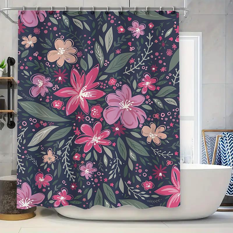 

Pink Floral Shower Curtain Decorative Bathroom Waterproof Privacy Screen Window Treatment With Hooks For Home Decoration Dark Na W60H190(CM)-1 Pcs