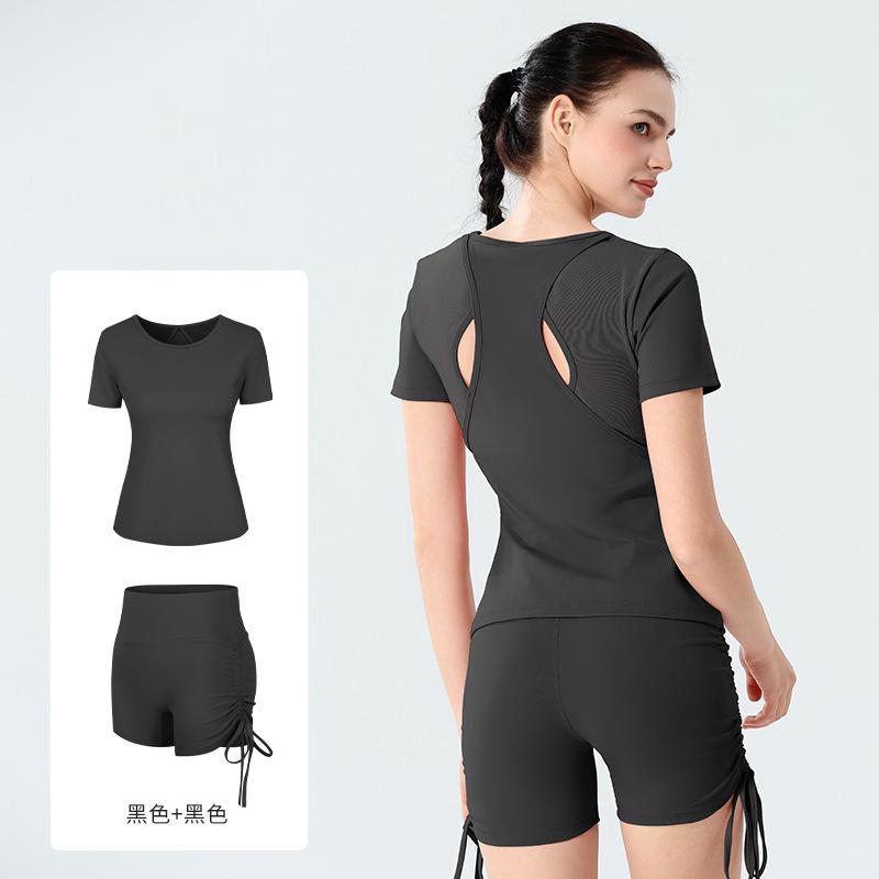 European and American spring and summer mesh splicing yoga suit women's short-sleeved tight fitness suit breathable quick-drying sportswear