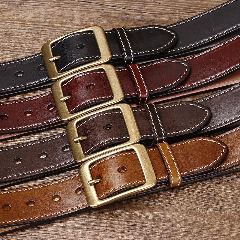 Handmade Retro Thick Thread Decoration Thickened First Layer Vegetable Tanned Leather Belt Men'S Genuine Leather Pin Buckle Versatile Casual Belt Men'
