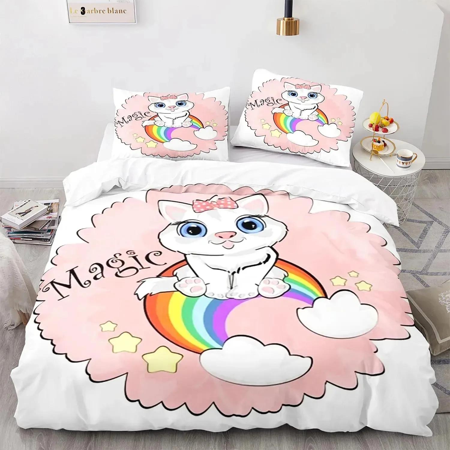 

Comforter Rainbow Cat Bedding Set Single Twin Full Queen King Size Kawaii Girl Bed Set Aldult Boys Bedroom s 3D Print 013 Comforter (quilt)-EU Single(135*200cm)3pcs