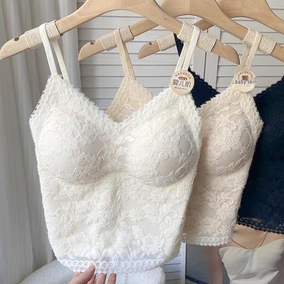Lace Brushed Fabric Camisole with Built-in Bra, Slim-fit Bralette, Sexy Back Strappy One-piece Women's Underwear