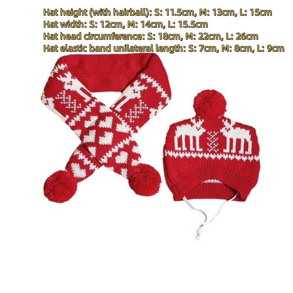 Cute Deer Fur Pompom Pet Scarf Hat Set Adjustable Elastic Christmas Pet Set Snowflake Pattern Warm Pet Headgear Autumn Winter