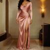 Mode Langarm Schlank Falten Abendkleid Neu Hohe Taille Damen Herbst Pendlerkleid Elegant Satin V-Ausschnitt Eng Partykleid