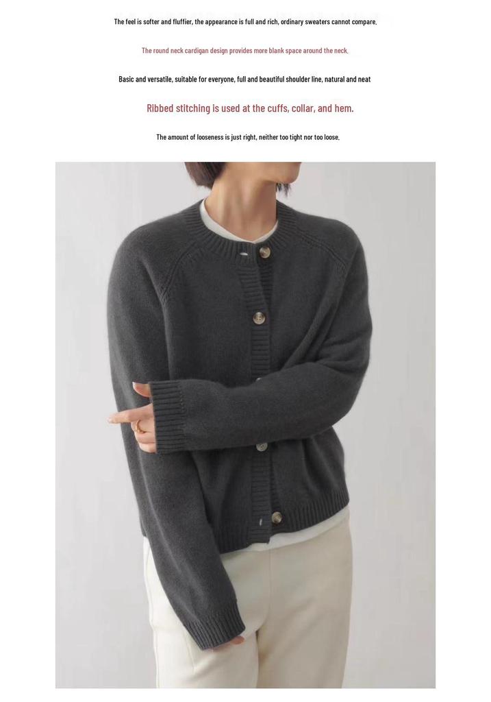 Women's Pure Wool Knit Cardigan: Autumn/Winter Long Sleeve, Round Neck, Thickened Sweater for a Slimming, Loose Fit.