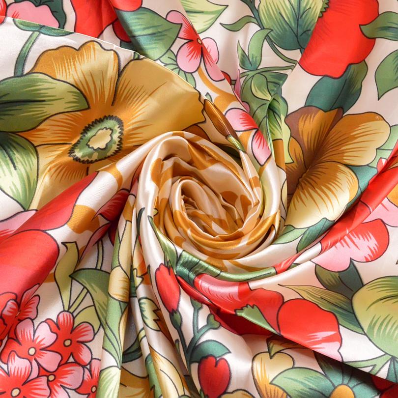 [BYSIFA] Ladies Orange Satin Scarves Head Scarf Hijab 90*90cm Spring Autumn Chinese Peony Pattern Large Square Silk Scarf Shawl