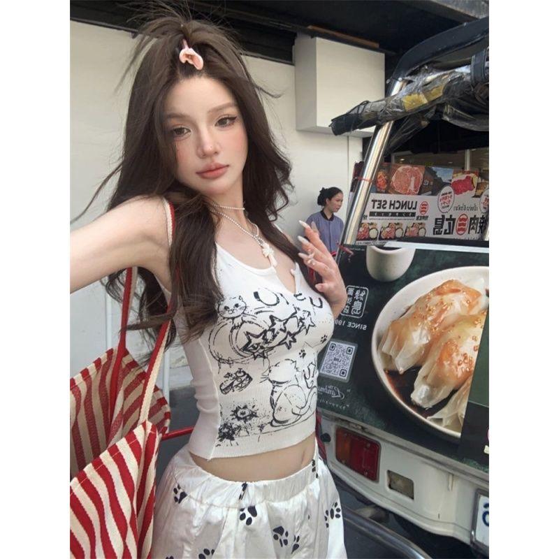 Sexy Women Tees Sleeveless Printed Retro Tops For Girls Y2K T-shirts Tank Tops For Lady Fashion Party Wear