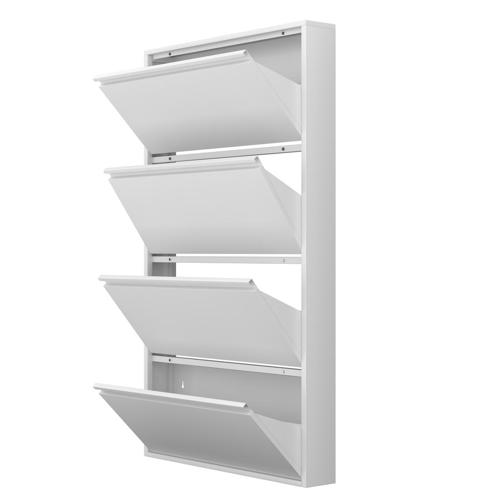 Zapatero Metálico con 4 Cajones abatibles, Organizador de Zapatos para Montar en Pared, Zapatero Estrecho Delgado Oculto para Entrada, Blanco