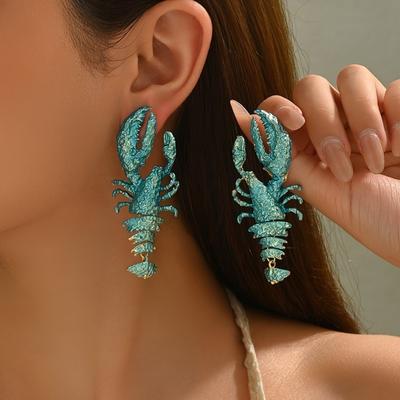 Unique Large Size Lobster Earrings Metal Spray-painted Crayfish Pendant Earrings Alloy Exaggerated Animal Drop Earrings Casual