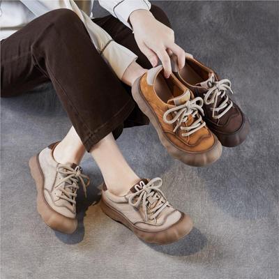 Retro Genuine Leather Soft Soled Women's Shoes Versatile Lace Up Flat Casual Shoes