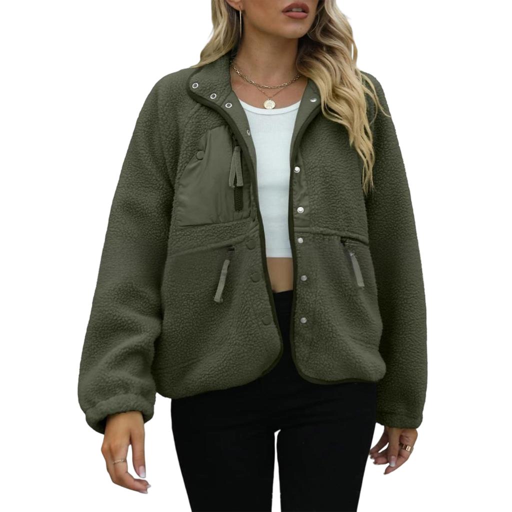 Women's Fashion Casual Stacked Lapel Single Button Fleece Sports Sweatshirt Jacket Outerwear