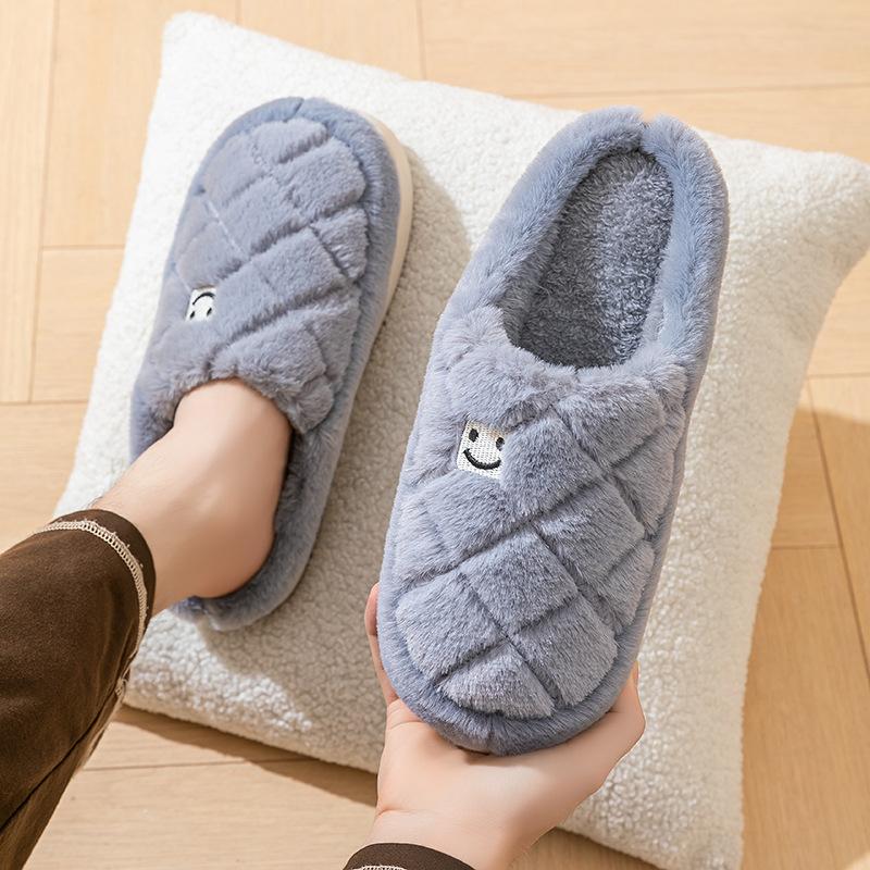 Winter new smiley face fluffy slippers piled thickened cotton slippers indoor home couple slippers non-slip and warm