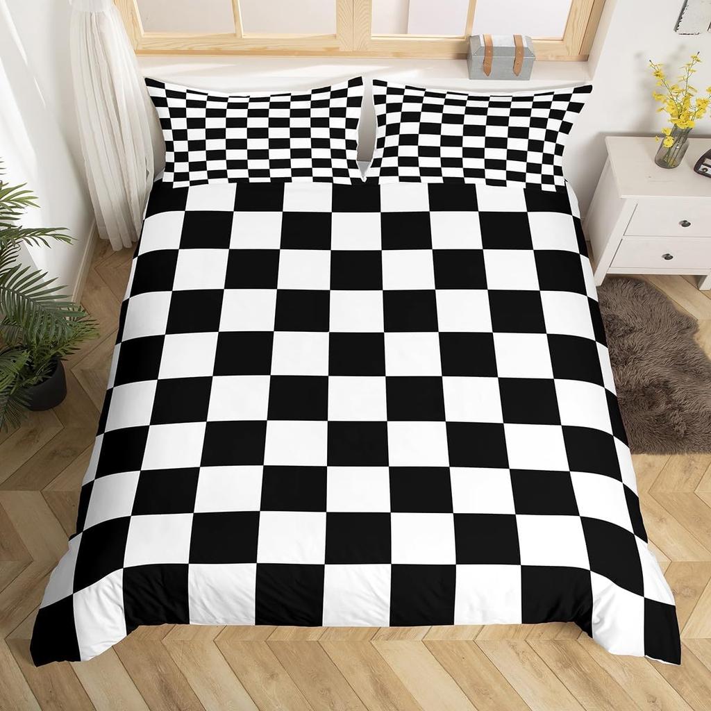 Geometric Abstract Duvet Cover Full King Checkered Bedding Set Aesthetic Checkerboard Plaid Comforter Cover for Boys Girls Teen