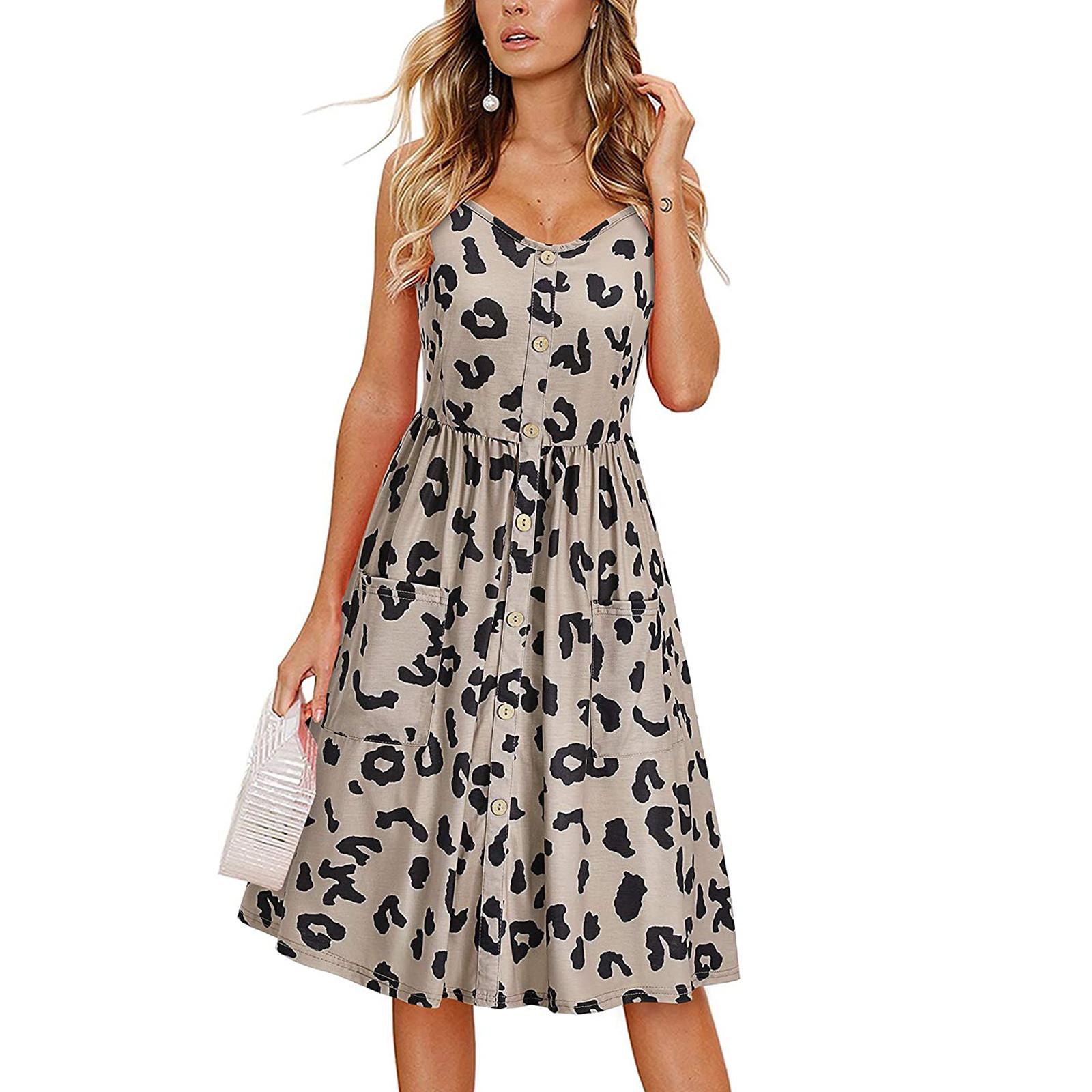 

Модное женское повседневное платье с v-образным вырезом и пуговицами без рукавов с принтом M хаки