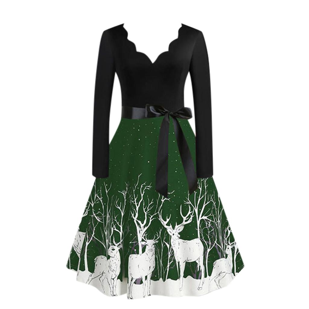 Christmas Print Sequin Patchwork Long Sleeve Dress Deer Skater Party Dresses