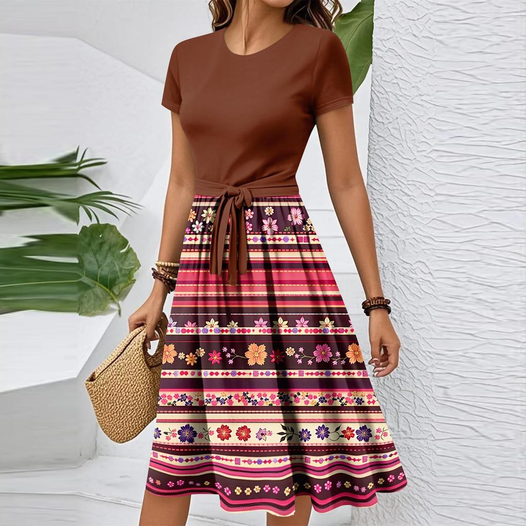 Damen Casual Mode Gürtel Vintage Bedruckt Kurzarm Rundhals Elegantes Kleid