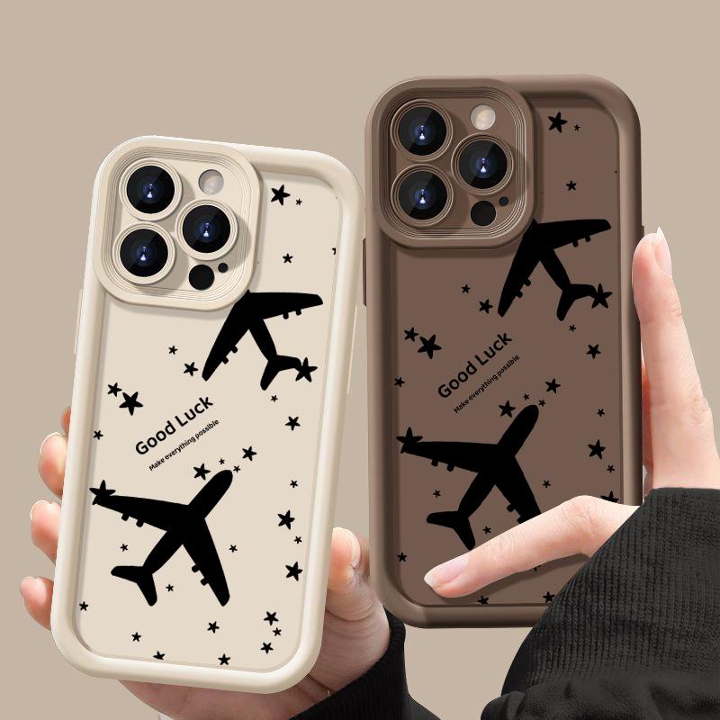 For iPhone 16 Pro 15 Pro Max 14 Plus 13 12 11 XR 8 Case Airplane Print Soft Silicone Shockproof Lens Protection TPU Matte Phone Shell Cover