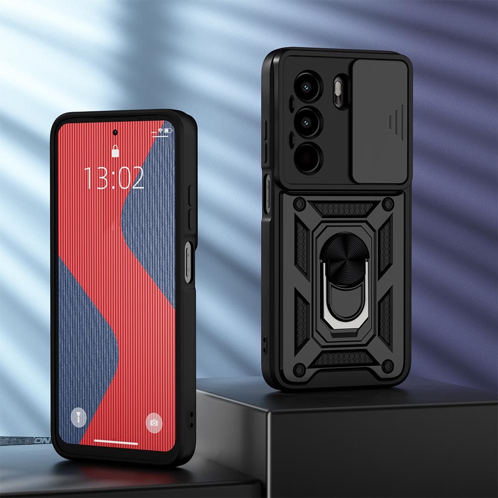 KEYSION Nárazuvzdorné pouzdro Armor pro Itel Power 70 s posuvným krytem objektivu fotoaparátu, kroužkem pro ochranu objektivu, stojánkem a zadním krytem telefonu pro Itel Power 70 4G