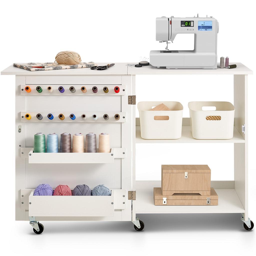 VEVOR Tavolo da Cucito Pieghevole, Tavolo Multiuso per Macchina da Cucire con Design Compatto, Ruote, Ripiani, Vaschette Portaoggetti, Pioli in Legno e Ante Magnetiche