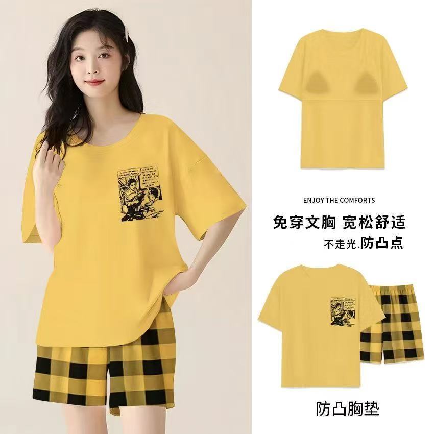 Pajamas with chest pads women's summer 1011 new women's short-sleeved thin loungewear summer
